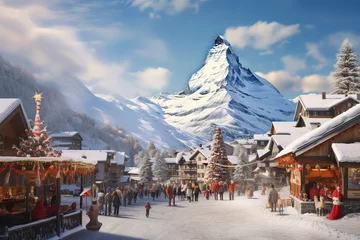  Zermatt, Switzerland. Abastract image of a Christmas Market, Matterhorn Mountain in Alps. © Elena