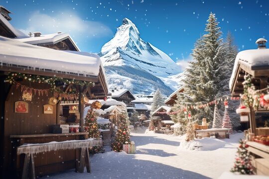 Zermatt, Switzerland. Abastract image of a Christmas Market, Matterhorn Mountain in Alps.