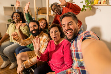 selfie at home large group multiracial people different ages, adult family celebrating party at home