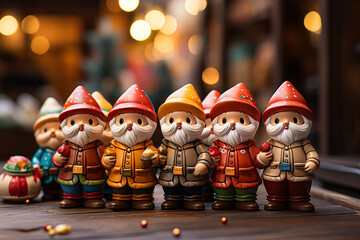 santa claus wooden figurines in christmas market - obrazy, fototapety, plakaty