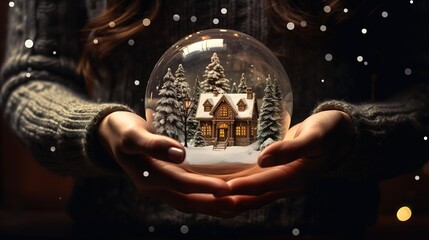 figurine of a glass ball with a winter landscape and a house in hands, Christmas, 2024. - obrazy, fototapety, plakaty