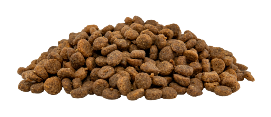 A slide of dry dog food on a white background. Food for dogs and cats in granules