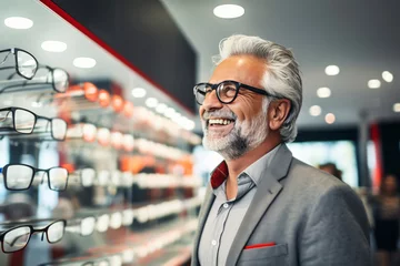 Fotobehang Attractive mature man chooses and tries on glasses in an ophthalmology store © colnihko