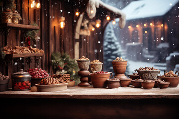 stall displaying treats and crafts on Christmas fair at snowy winter evening