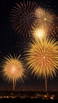 Golden fireworks background. High resolution background with lighting effect and sparkle with copy space for text. Background images for banner and poster.  New year's eve background