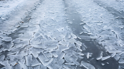 Des morceaux de glace brisée sur une route.