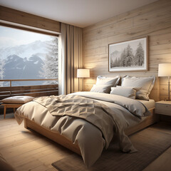 Cozy Chalet-Style Bedroom Interior with Wooden Paneling and Soft Beige and Sand Tones, Creating a Tranquil Retreat in Natural Hues
