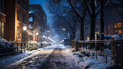 Une rue enneigée la nuit, éclairée par des réverbères, avec des arbres et des bâtiments. - obrazy, fototapety, plakaty