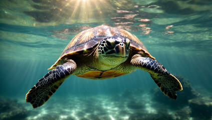Obraz premium A wise and ancient turtle swimming in crystal clear waters - AI Generative