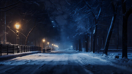 Une allée bordée d'arbres et de réverbères lors d'une nuit neigeuse. - obrazy, fototapety, plakaty