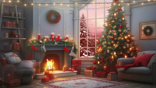Living room with Christmas decorations. Xmas tree decorated by lights, candles and garland lighting indoors fireplace. cartoon or anime watercolor illustration style looping video background