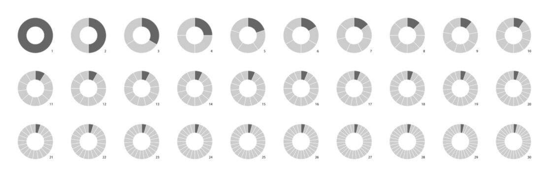 Circle pie chart as donut infographics data presentation. Charging round bar as percentage piece or part of whole. 12 and 24 segments of crossed ring.