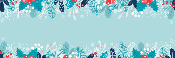 Winter horizontal banner background with fir branches, berries, leaves and snowflakes for the holiday Christmas and New Year in blue and blue colors. Flat style. Vector illustration. - obrazy, fototapety, plakaty