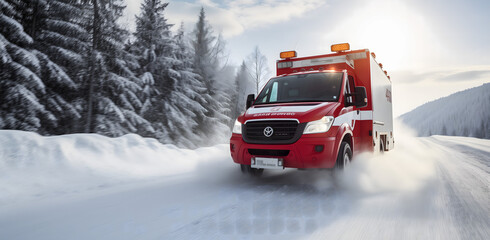 Une ambulance en intervention sur route enneigée dans un paysage forestier hivernal.