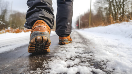 Les chaussures d'une personne marchant sur une route enneigée avec des bottes robustes adaptées pour l'hiver.