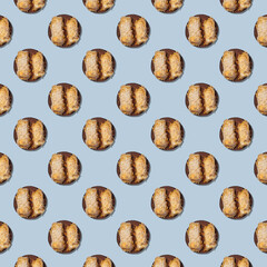 Seamless pattern of zucchini in batter, fried and baked on a wooden round board isolated on blue background.