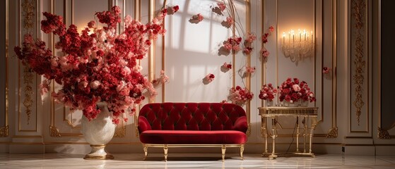 Polished marble, lie crimson rose petals, baroque golden frames und soft studio lights. Art design for wedding, jewel, gem, fashion, opulence, glamour.