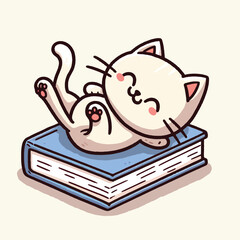 Cute Funny Naughty Cat Lying on Book Doodle Illustration
