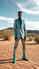 A high-fashion shot featuring a male model in turquiose outfit avant-garde futuristic design. Desert landscape as a background.