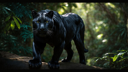 Naklejka na ściany i meble A wise and mysterious black panther, its ebony coat glistening with a sleek, otherworldly sheen, conceals itself in the deepest recesses of an ancient, dense jungle - AI Generative