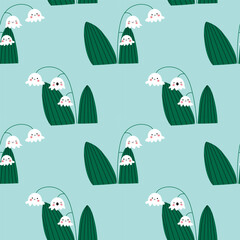 Spring modern trendy seamless pattern with cute lilies of the valley . Hand drawn vector illustration.