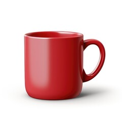 A red coffee cup on a white surface, mug mockup, copy-space.