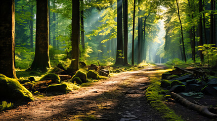 Sunlit forest path with rays of light piercing through leaves