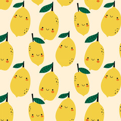 Fototapeta premium Vector seamless pattern with cute fresh lemons. Kids print with cartoon characters for childish clothing, fabrics. Doodle textile design