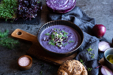Creamy red cabbage soup topped with herbs