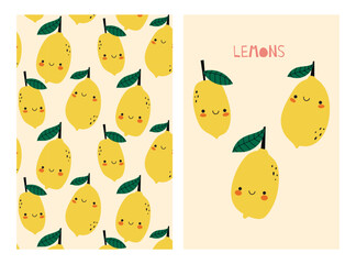 set of cards design and seamless patterns with cute fresh lemons . Summer print with Lemon. Cute print for fabric or wallpaper. Cute fruit character illustration