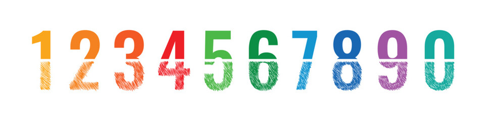 half scribble 0-9 numbers. colorful 0-9 numbers concept. half hand scribble numbers