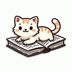 Cute Funny Naughty Cat Lying on Book Doodle Illustration