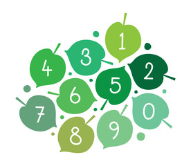 leaves and numbers 0-9 in different green tones. hand drawn numbers 0-9