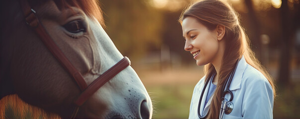Woman horse  veterinarian examining horse with bed health in outside.