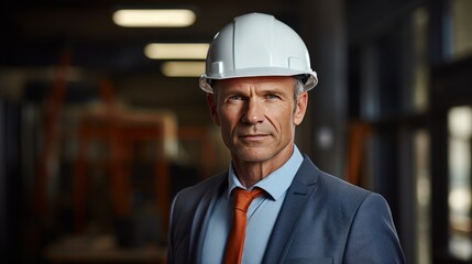 Portrait of mature businessman holding hardhat in office