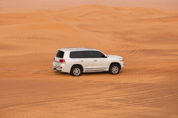 Fototapeta na wymiar White SUV truck driving on a sand dune near Dubai, UAE at sunset hour, motion blur on the wheels. Extreme sports, adventure and travel concept. Wide angle shot.
