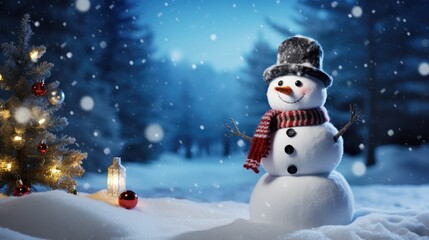 Fototapeta premium 3D Winter Christmas Background with Snowman: Bring the magic of the season to your designs with a snowman set in a snowy winter landscape.