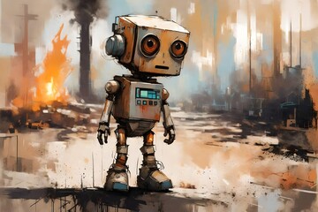 Little cute baby robot walking alone. Generative AI