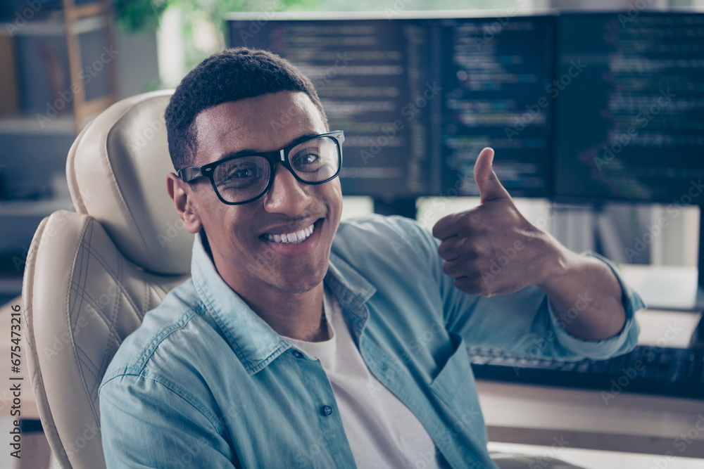 Poster portrait of positive young guy professional programmer enjoy his new job startup creators company no