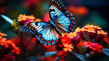 Detailed close-up of a vibrant butterfly on a flower - obrazy, fototapety, plakaty
