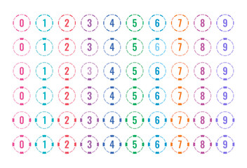 dashed circles and numbers 0-9. set of numbers 0-9 in colored dashed circles