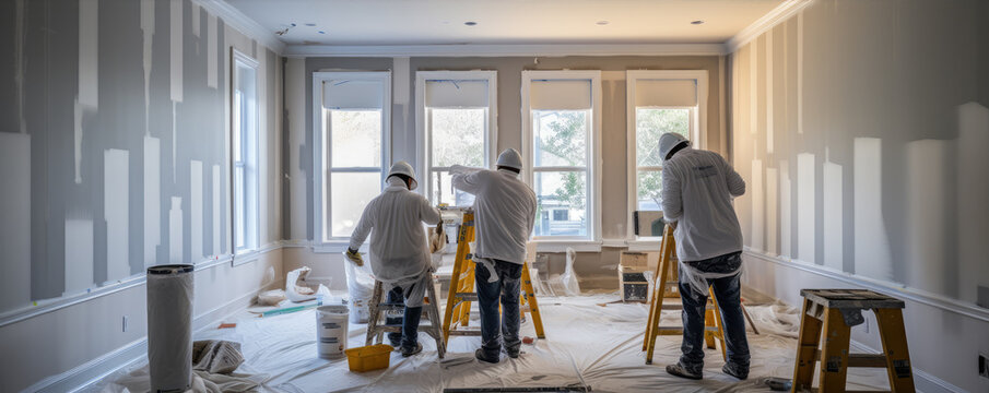 Construction workers paint walls and install ceiling.