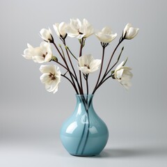 A blue vase with white flowers in it