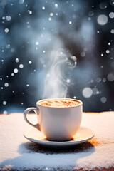 A cup of coffee or cocoa on a snowy table on a winter background