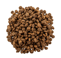 A slide of dry dog food on a white background. Food for dogs and cats in granules