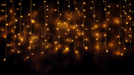 Fototapeta na wymiar Christmas and New Year festive background. Glowing garlands on dark gray background with copy space for text. Concept of Christmas and New Year holidays. Copy space.