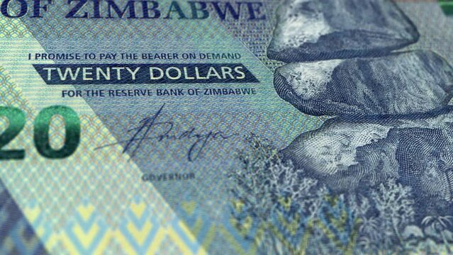 Zimbabwe Zimbabwean Dollar 20 Banknotes, Twenty Zimbabwean Dollar, Close-up and macro view of the Zimbabwean Dollar, Tracking and Dolly Shots 20 Zimbabwean Dollar banknote Observe and Reserve Side