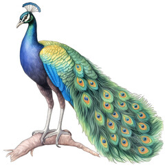 Obraz premium Watercolor peacock with feathers, isolated on transparent background