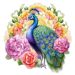 Watercolor peacock with feathers, surrounded by beautiful flowers, isolated on transparent background