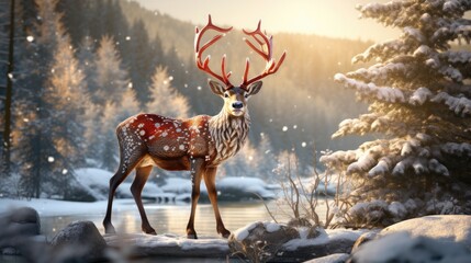 Festive Reindeer Wonderland: magical holiday scenes with a 3D ceramic deer figurine. Incorporate this reindeer with antlers into your New Year and Merry Christmas decoration designs